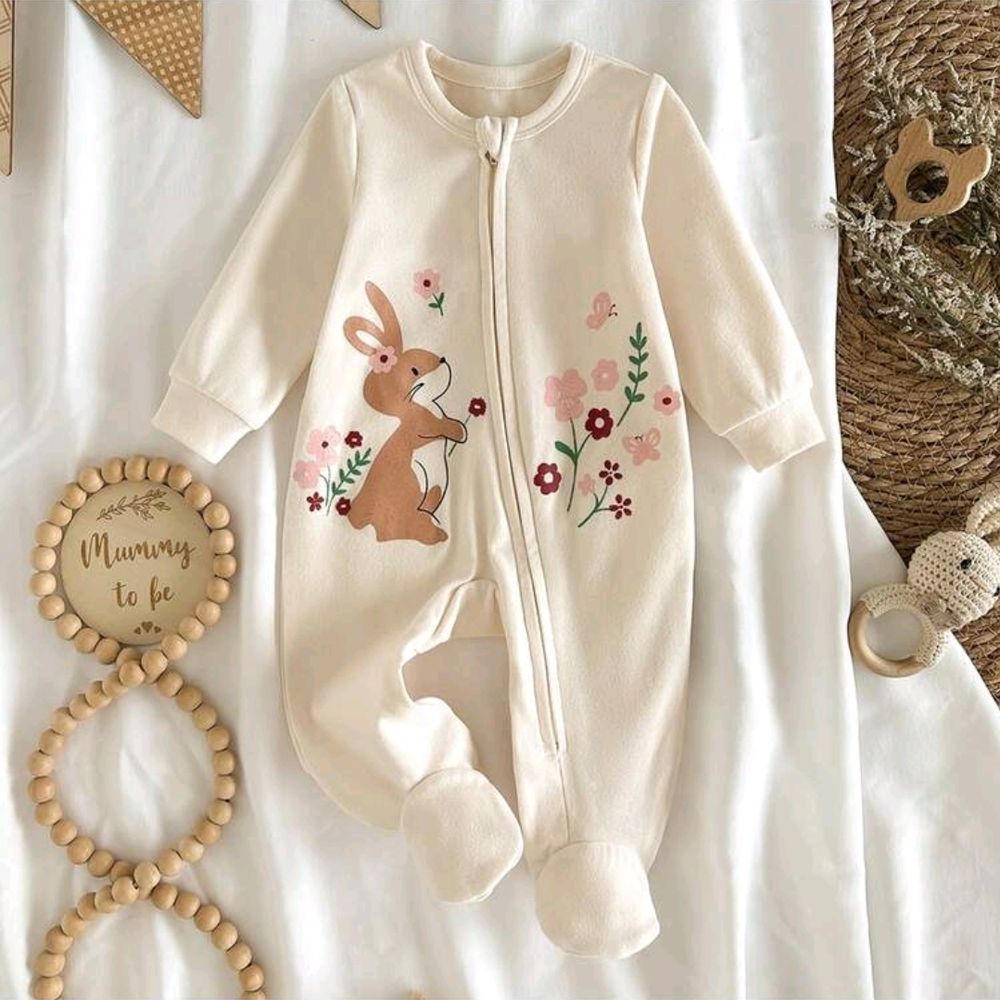 Cream floral embroidered baby sleepsuit, 6-9 months